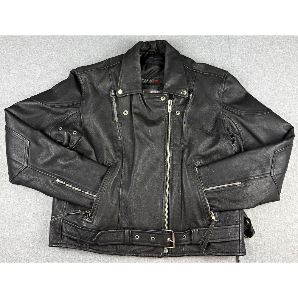 Sunbelt Mens XXL Leather Motorcycle Jacket Black Thinsulate Biker Vented Belted